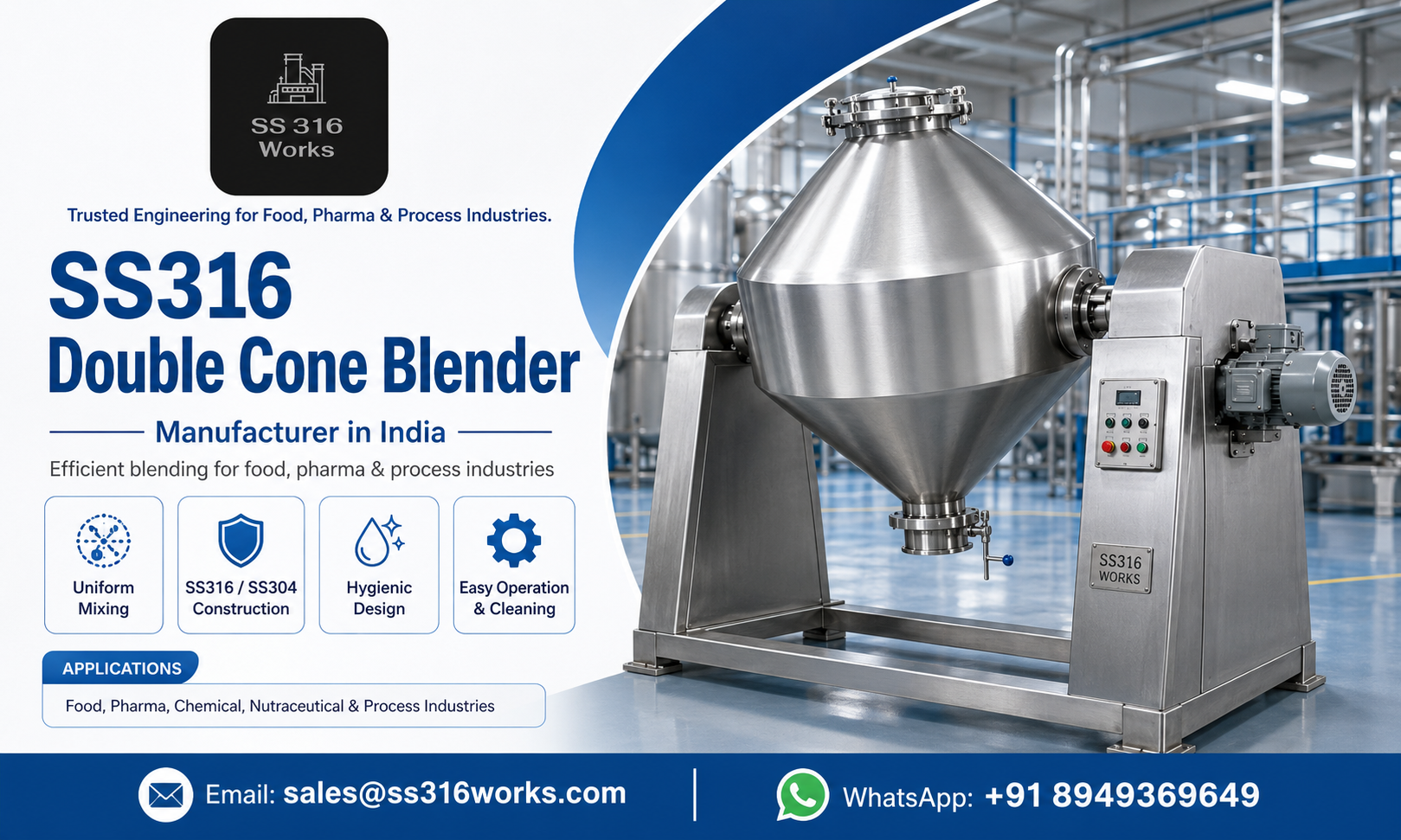 SS316 Double Cone Blender Manufacturer in India